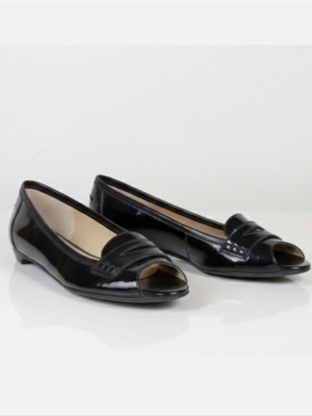 Talbots Patent Leather Peep Toe Penny Loafers Flats Black Womens Size 6.5